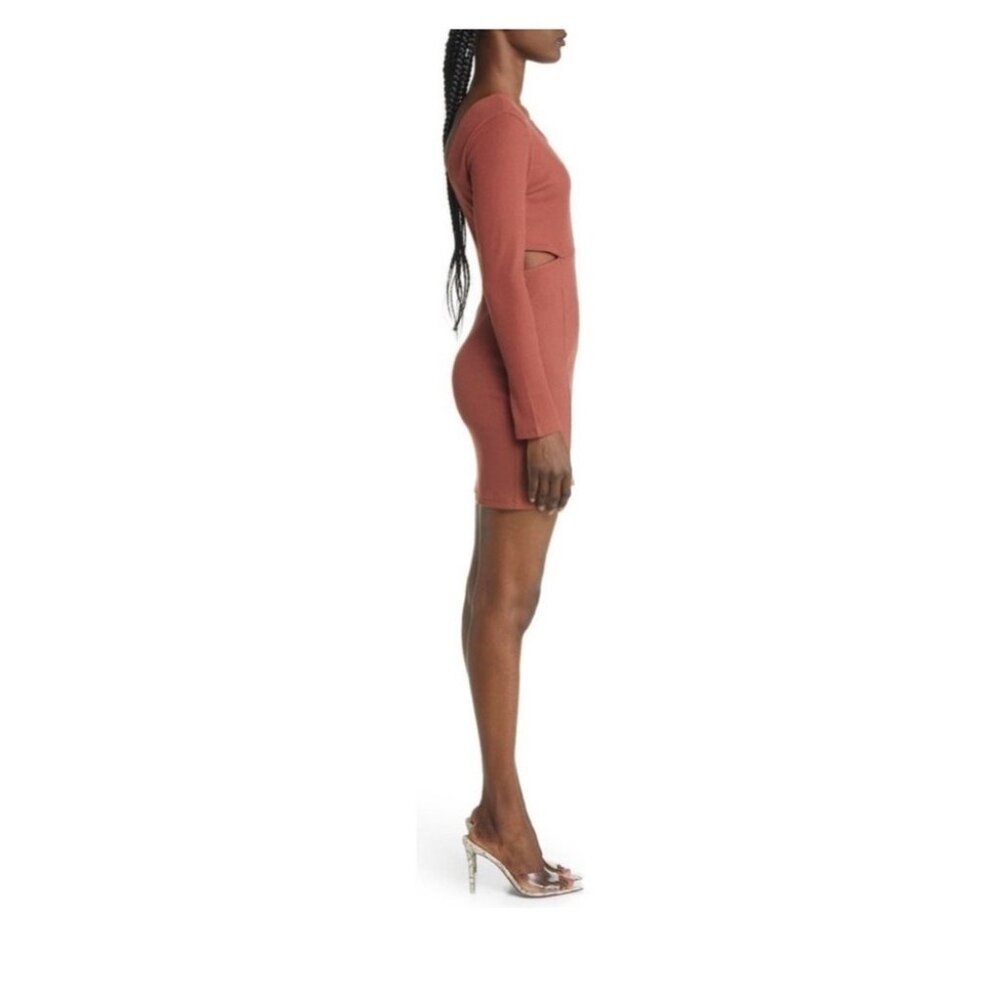 Open Edit Womens Rust Ribbed Cutout Long-Sleeve Mini Dress Size M - Picture 7 of 11